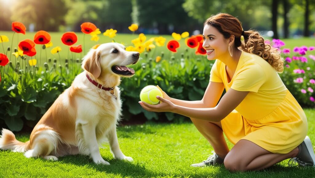 Luísa treinando seu golden retriever Rex em um parque ensolarado, cercada por flores coloridas e um ambiente alegre