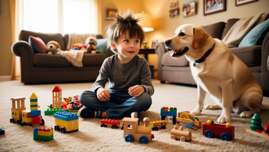 Pedro sentado no chão com Max, enquanto ambos brincam com brinquedos coloridos em um ambiente alegre e acolhedor