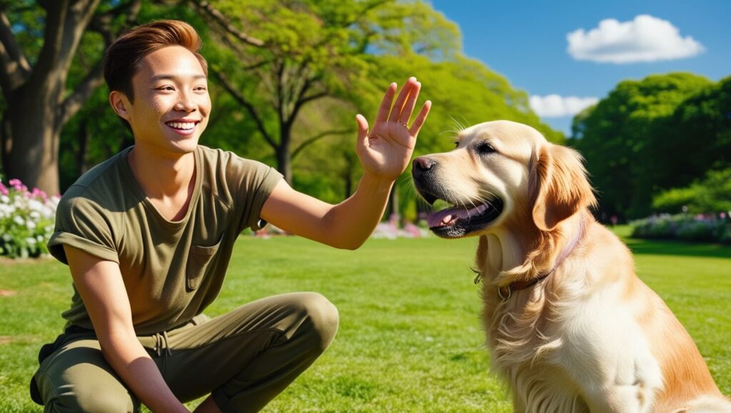 Pessoa sorrindo e interagindo com um cachorro em um parque, usando gestos para dar um comando