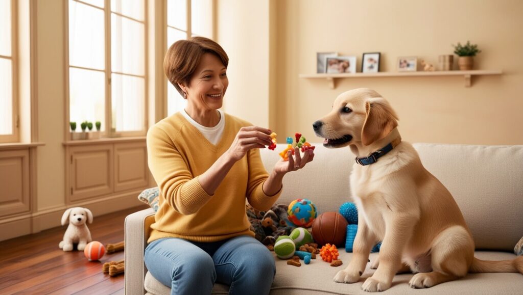 Pessoa treinando um cachorro em casa, utilizando petiscos como recompensa em um ambiente aconchegante