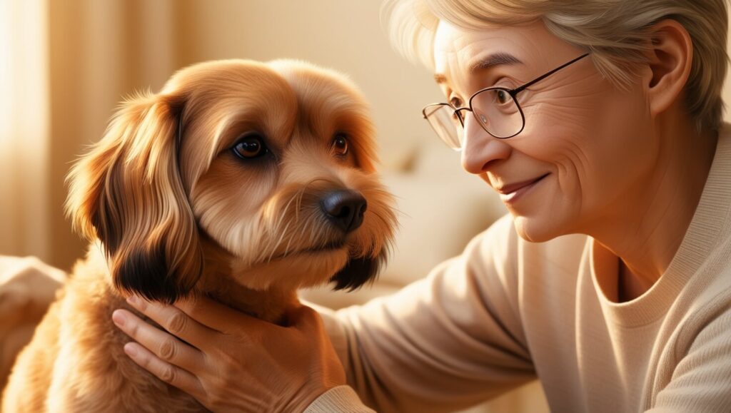 Tutor e cachorro se olhando pacientemente durante um momento de treino