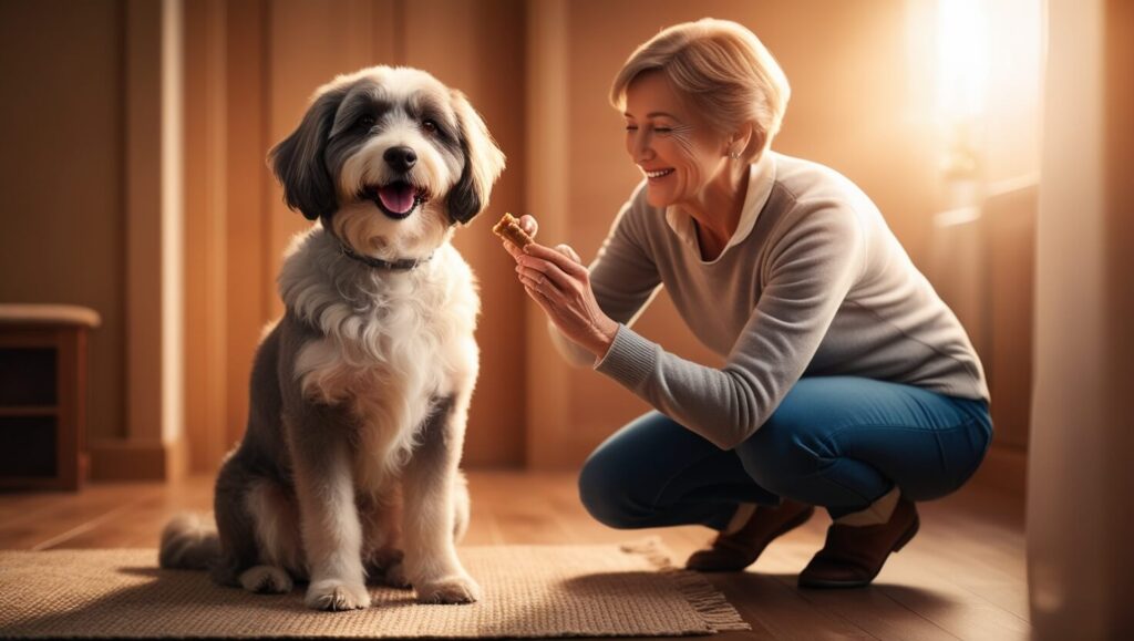 Tutor recompensando seu cachorro sênior com um petisco, visivelmente feliz e animado