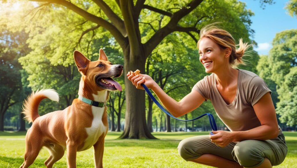 Tutor treinando um cachorro feliz em um parque, usando petiscos como recompensa em um ambiente ensolarado