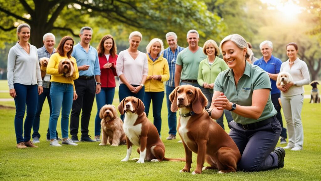 Tutora sorrindo enquanto treina seu cão ao lado de outros cães e tutores em um ambiente externo