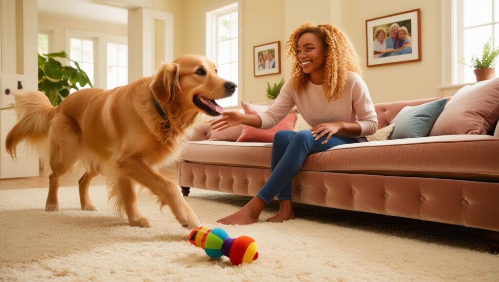 Um cachorro ajudando seu dono a pegar um objeto do chão em uma sala aconchegante, mostrando uma interação divertida entre eles