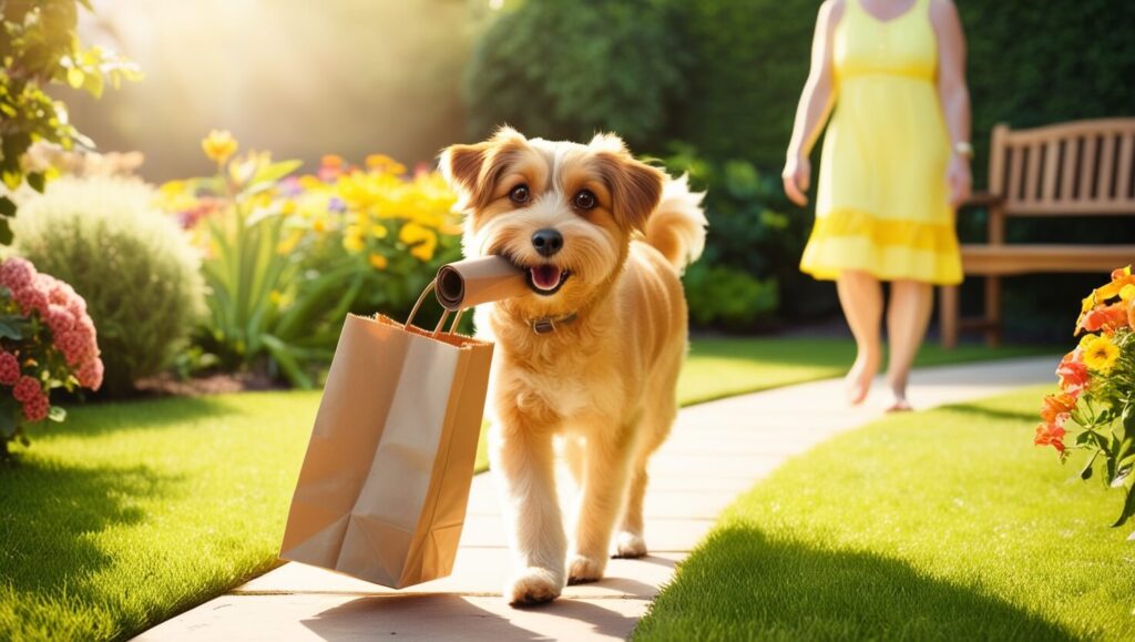 Um cachorro carregando uma sacola de compras na boca, caminhando em direção ao seu dono em um jardim ensolarado, demonstrando seu espírito prestativo