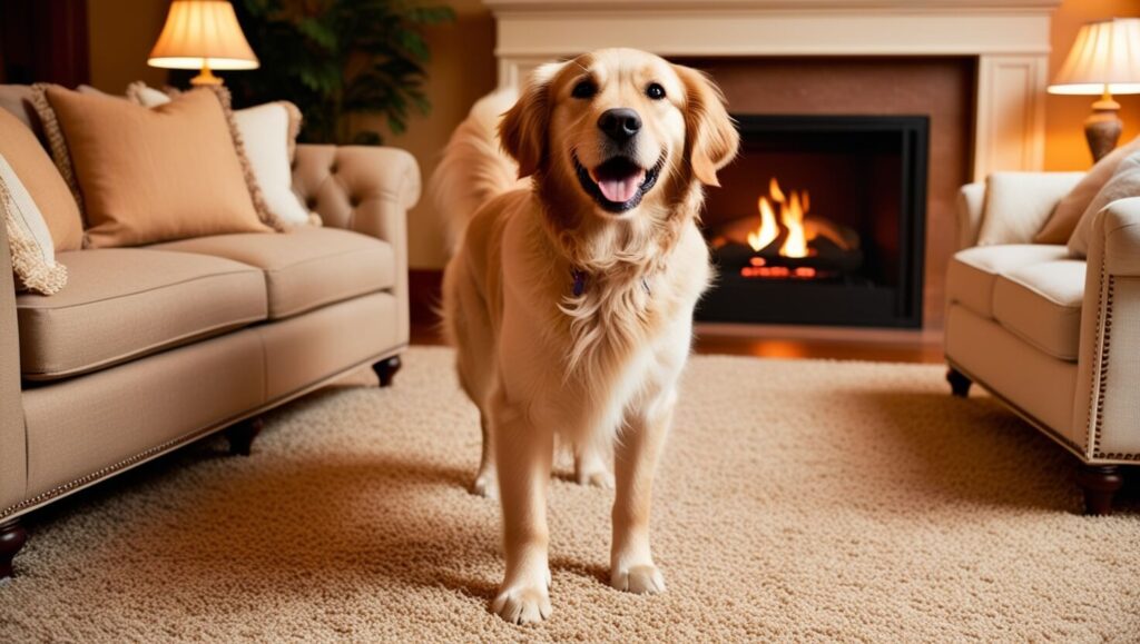 Um cachorro curioso procurando por seu dono em uma sala de estar aconchegante, mostrando a interação divertida entre eles