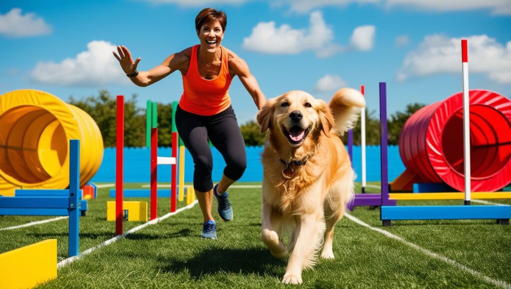 Um cão e seu dono praticando juntos em um campo de agility, cercados por obstáculos coloridos e um ambiente animado