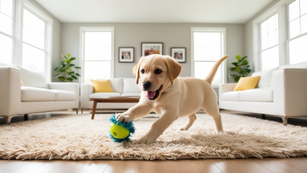 Um filhote de labrador brincando com um brinquedo em uma sala de estar iluminada