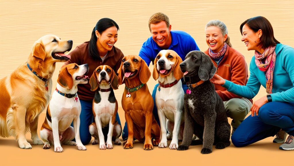 Um grupo de cães interagindo amistosamente durante uma aula de socialização, com seus donos sorrindo e participando