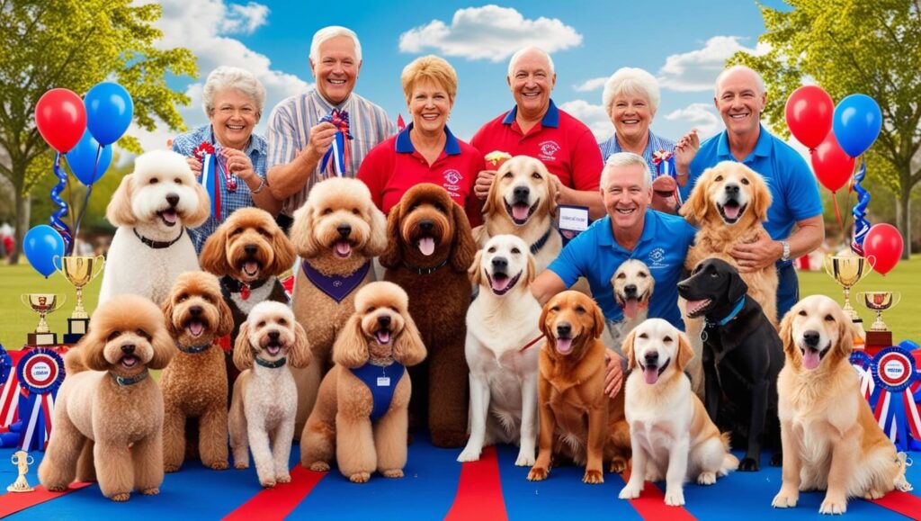 Uma cena animada de competição canina, com diversos cães e seus donos interagindo e celebrando a alegria do evento